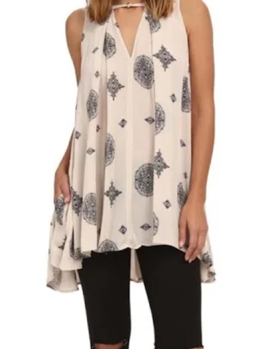 Free People Sleeveless Ivory Swing Dress with Boho Print